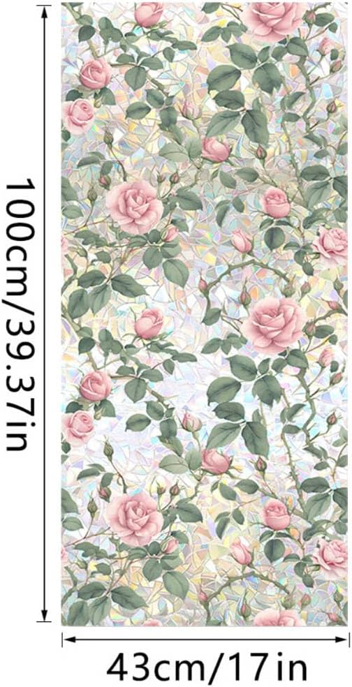 JOONOR Retro Pink Rose Flowers Window Privacy Film,3D Stained Glass Rose Rainbow Window Decals,Non-Adhesive Static Cling Sticker for Home Office,16.93 x 39.37 Inch
