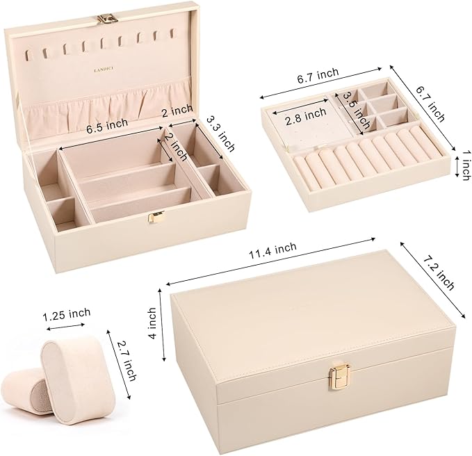 LANDICI Jewelry Box Organizer for Men Women, 2 Layer 4 Slot Watch Storage Case with Removable Tray, PU Leather Large Jeweller