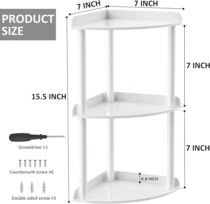 Sezanrpt 3 Tier Countertop Corner Organizer Shelf 7x7x15.7 Inch, White Countertop Acrylic Bathroom Corner Shelf, Vanity Stora