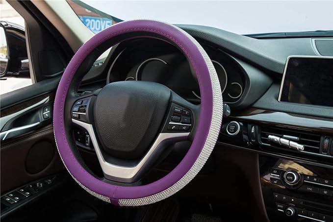 New Diamond Leather Steering Wheel Cover with Bling Bling Crystal Rhinestones, Universal Fit 15 Inch Car Wheel Protector for 
