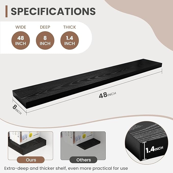 48 Inch Floating Shelves, 8 Inch Deep Floating Shelves for Wall, Hanging Shelf with Invisible Brackets, Deep Shelves for Bath