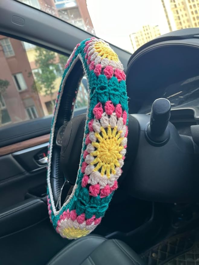 Crochet Sunflower Car Steering Wheel Covers Orange Universal 14-15 inch for Women/Men (C:Steering Wheel Cover)