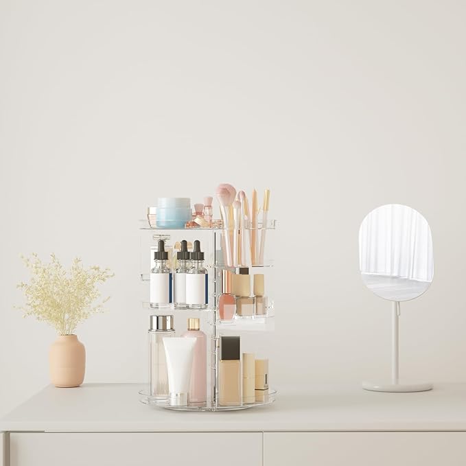 Rotating Makeup Organizer, DIY 8 Adjustable Layers Spinning Skincare Organizer, Cosmetic Display Case with Brush Holder Perfu