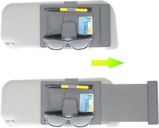 TFY Car Sun Visor Extender and Organizer, Universal Sunshade Anti-Glare, Vehicle Storage Holder for Sunglasses, Pens and Cards, Multi-Pocket Auto Interior Accessories - 1 Piece (Gray)