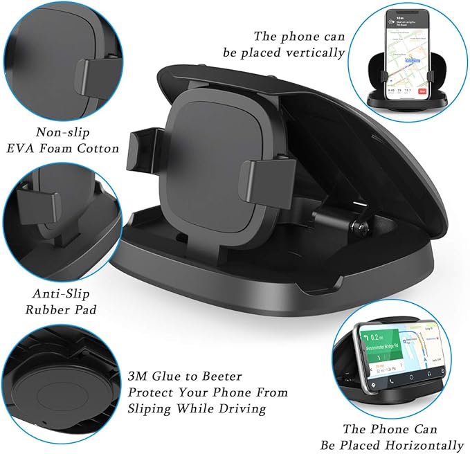 Cell Phone Holder for Car, Vertical Horizontal Car Phone Mount with 360° Rotate Dashboard Cradle Compatible iPhone Samsung Galaxy Android Smartphones, GPS Devices