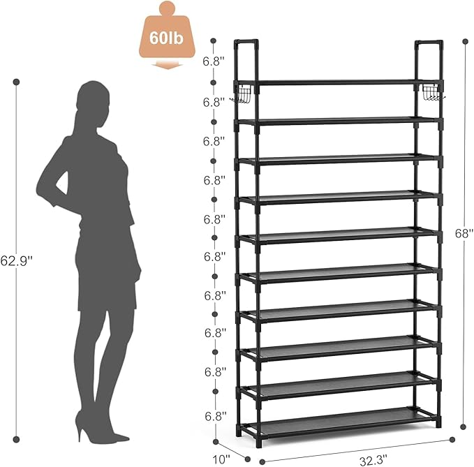 VTRIN 10 Tier Shoe Rack Tall Large Capacity Wide Shoe Organizer with Two Hooks Sturdy Metal Shoe Shelf for Entryway, Closet, 