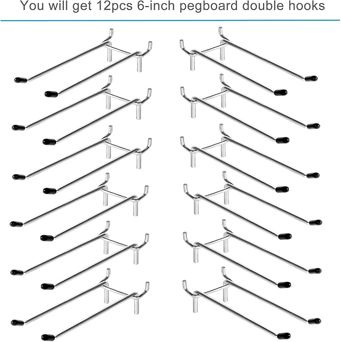 12 Pcs Peg Board Hooks, Pegboard Hooks 6 Inch, Pegboard Accessories Fit 1/4” Holes, Garage Peg Board Hook Organizers, Heavy D