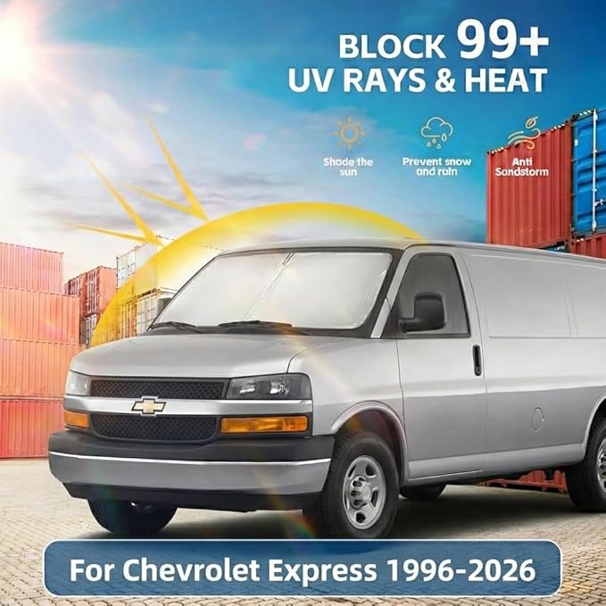 Windshield Sun Shade for Chevy Express 1996-2024 2025 2026 Sunshade Front Window Shade Custom Fit Express Accessories Sun Visor Foldable Shade Blocks UV Rays Accessories