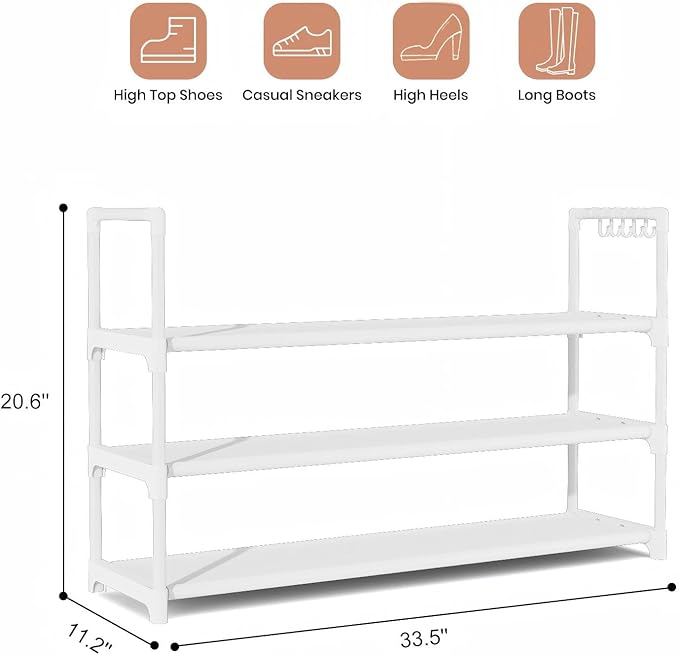 VILICK Shoe Rack for Closet Shoe Organizer Space Saver Storage for 12-15 Pair Shoe Shelf with Hook Free Standing 3 Tier Shoe 