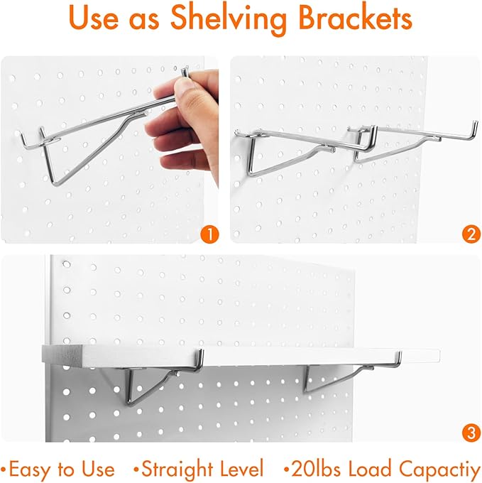 G.CORE Pegboard Shelf Hooks, 10-Pack 6" Silver Peg Board Brackets, 1/4" Peg Board Organizer Accessories, Peg Hooks Assortment