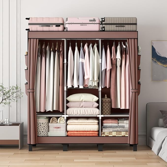 Portable Closet, 51.18" Large Capacity Clothing Storage Organizer with 3 Hanging Rods 6 Shelves 18 Side Pockets, Dustproof St