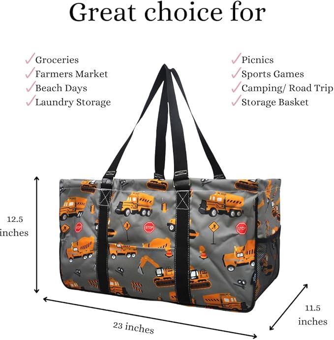 NGIL Extra Large Utility Tote Reusable Grocery Bag Oversized Collapsible for Groceries, Storage, Picnic, Beach (Construction Trucks-black)