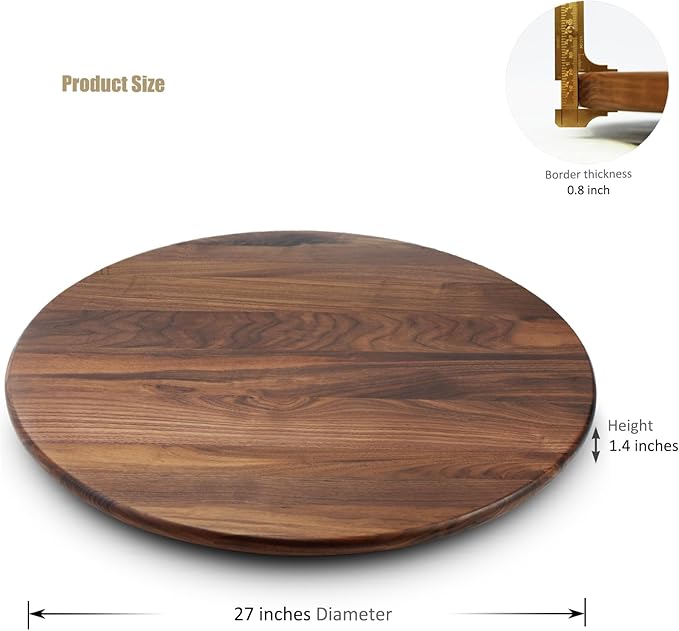 27 Inches Black Walnut Wood Lazy Susan Organizer, Solid Wooden Round Turntable, Rotating Tray for Table Top/Counter Top