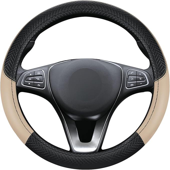 Black & Beige Car Steering Wheel Cover, Microfiber, Leather Patchwork, Universal 14.5-15 Inch Leather Anti-Slip Breathable Au