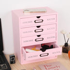 Wooden Storage Box with 5 Drawers Apothecary Vintage Wood Desktop Organizer Countertop Library Card Catalog Cabinet (Pink)