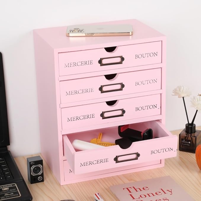 Wooden Storage Box with 5 Drawers Apothecary Vintage Wood Desktop Organizer Countertop Library Card Catalog Cabinet (Pink)