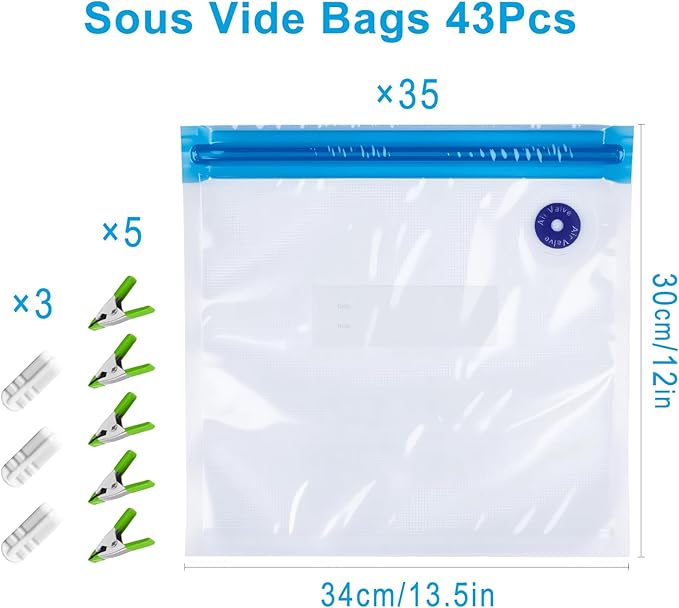 Reusable Sous Vide Bags 43Pcs BPA-Free, 4.3L Vacuum Sealer Bags for Cooking & Microwave, 35 Zipper Bags, 3 Seal Clips ＆ 5 Coo