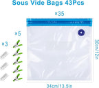 Reusable Sous Vide Bags 43Pcs BPA-Free, 4.3L Vacuum Sealer Bags for Cooking & Microwave, 35 Zipper Bags, 3 Seal Clips ＆ 5 Coo