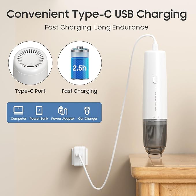 Handheld Vacuum Cordless, Car Vacuum Portable with 2 Suction Modes, Blow & Suction 2-in-1, Mini Vacuum Cleaner Rechargeable f