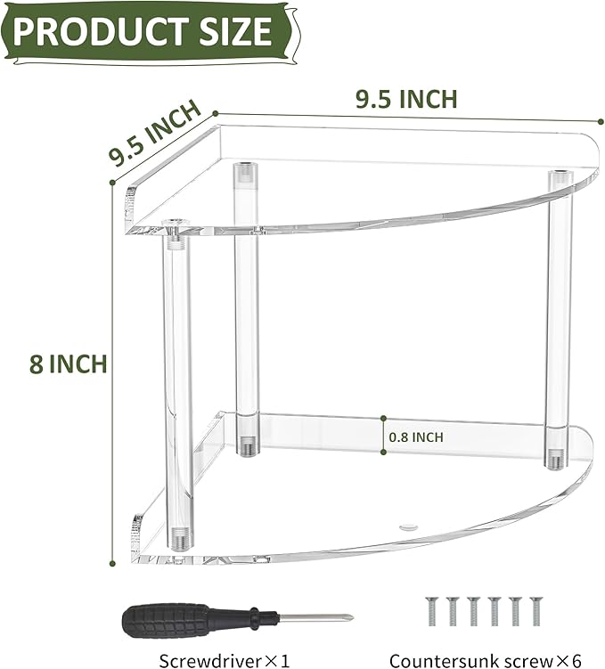 Sezanrpt 2 Tier Acrylic Corner Shelf Organizer Storage 9.5x9.5x8 Inch, Transparent Countertop Corner Shelf for Bathroom, Kitc