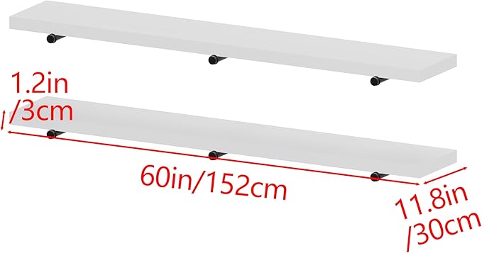 Industrial Pipe Wall Wood Shelves,Real Wooden Shelves 60" in White Color with 11.8" Extra Width, Modern Floating Shevles Book