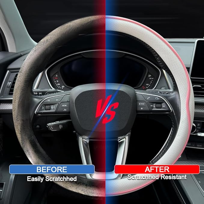 HAOTULE Leather Steering Wheel Cover， with Anti-Slip Stripe Design - Enhanced Grip, Fashion Style, Safe, Non-Slip, Breathable