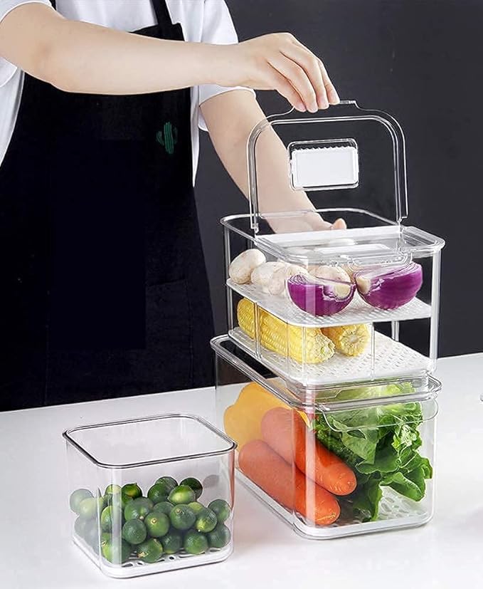 SANNO Vegetable Refrigerator Organizer Food Bins with lids Produce Saver Food Storage Container