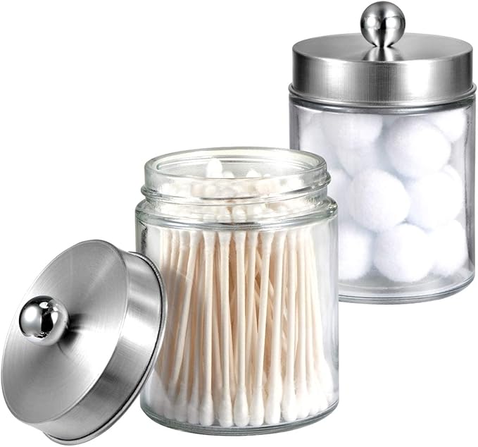 Amolliar 4Pc Apothecary Jars Bathroom Vanity Storage Organizer Set -Countertop Canister with Stainless Steel Lids &Stickers -