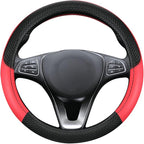 Leather Patchwork Black Red Steering Wheel Cover, 14.5-15 Inch Non-Slip Breathable Microfiber Car Steering Wheel Protector
