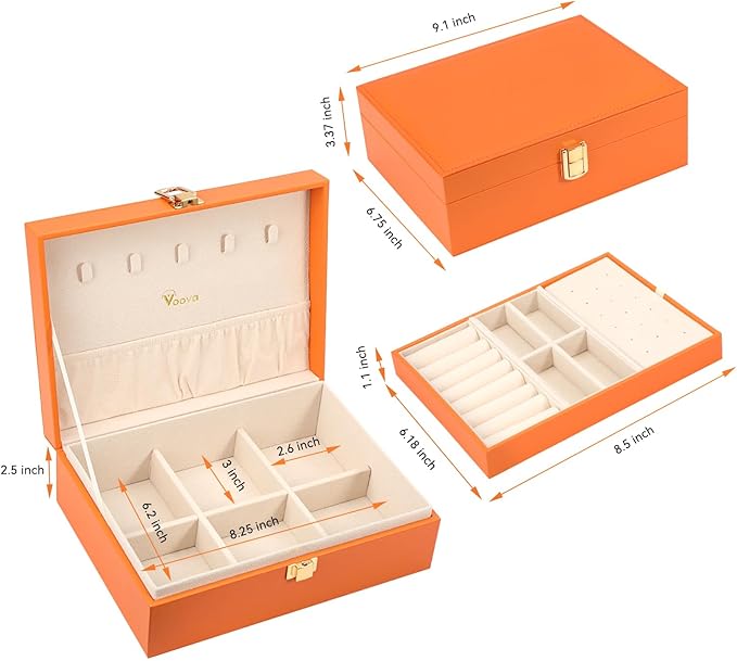 Voova Jewelry Box Organizer for Women Girls, 2 Layer Large Men Jewelry Storage Case, PU Leather Display Jewellery Holder with