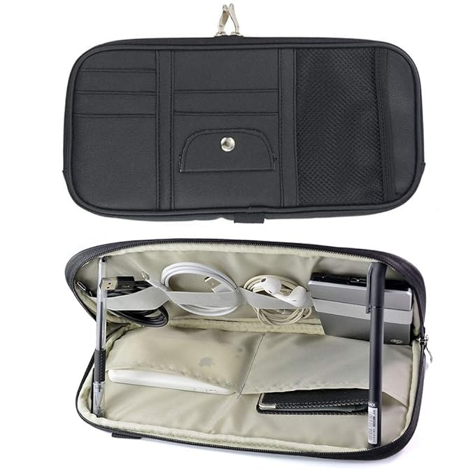 Car Sun Visor Organizer Bag,PU leather Universal Auto Interior Accessories Pocket Organizer,Multi-Function Registration and Document Holder Pouch,Sunglasses Ticket Documents Pen Card Holder (Black)