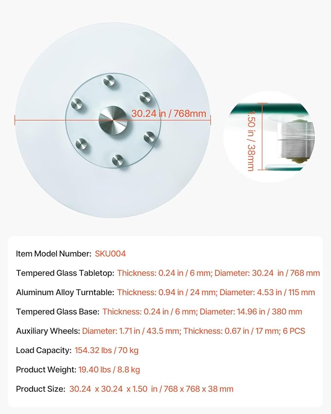 VEVOR 30 in Glass Lazy Susan Turntable, Tempered Glass Dining Table Centerpiece with 6 Rotating Wheels, 360° Smooth and Silen