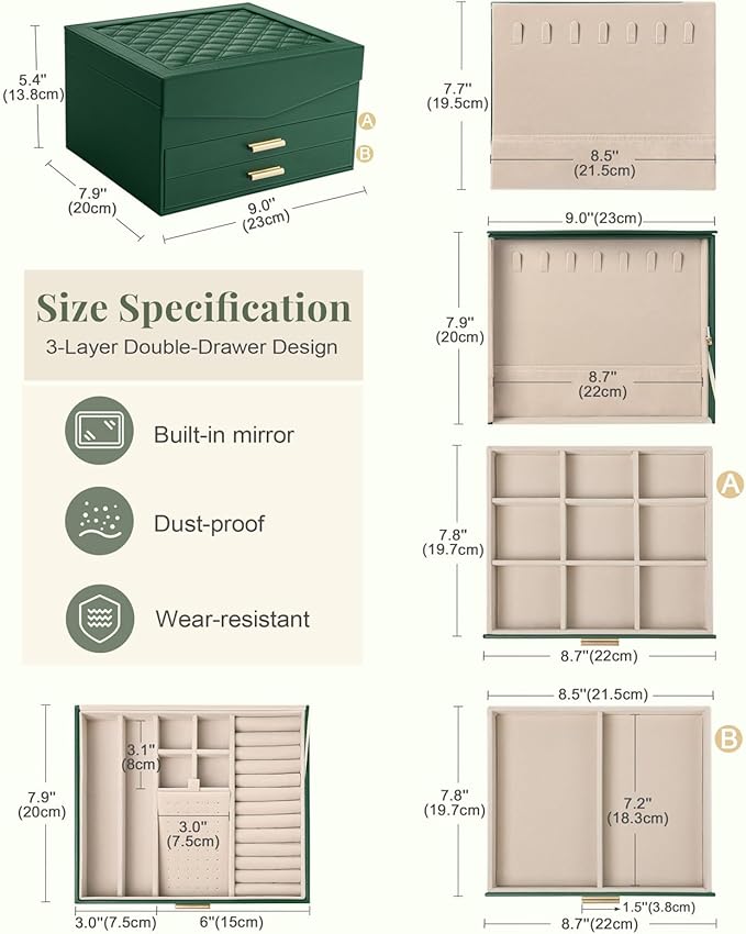 Amearea Jewelry Box Organizer for Women Girls with Mirror, 3-Layer Large Jewelry Storage Case, Synthetic Leather Jewelry Hold