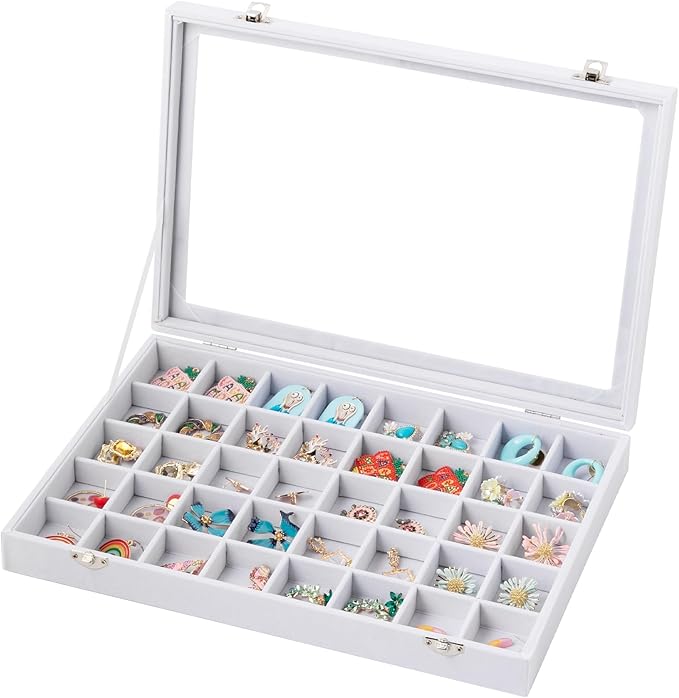 Frebeauty 40 Grid Jewelry Tray,Adjustable Earring Holder Organizer with Glass Lid,Velvet Drawer Jewelry Organizer for Rings,S