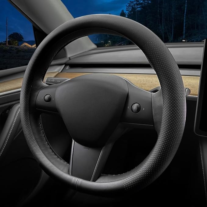 LKWLIKEI Nappa Leather Ultra-Thin Steering Wheel Cover, for Tesla Model 3/Y Steering Wheel Cover, Non-Slip Design and Interio
