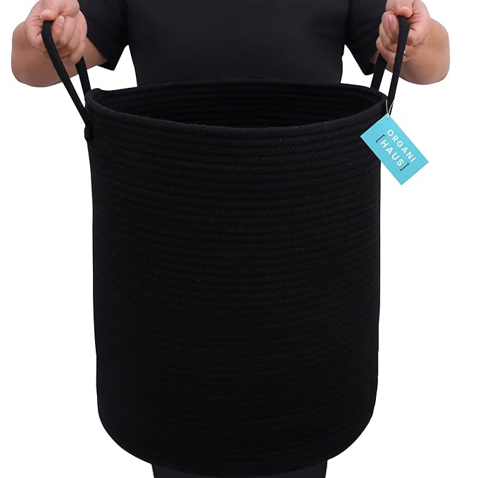 OrganiHaus Large Black Woven Laundry Basket w/Handles 52L, Rope Dirty Clothes Hamper, Blanket Basket for Living Room, Baby La