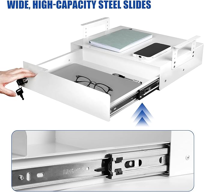 Under Desk Drawer Storage with Lock, 17.3"x11.8"x5.4", Metal Undermount Table Drawer, Ball Bearing Slides Out Tray Organizer 