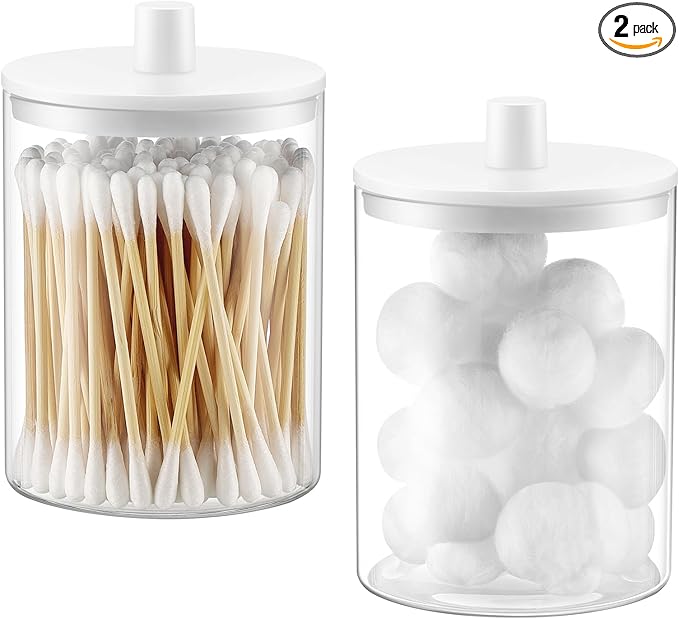 TIPGO Glass Qtip Holder Dispenser for Bathroom - 10 oz Clear Canister Apothecary Jar for Cotton Swabs, Balls, Pads, Floss Pic