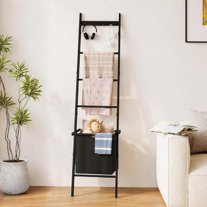 BAMBANG Bamboo Blanket Ladder with Basket, 5-Tier Quilt Rack Stand with 4 Hooks & Storage Hamper for Living Room Bathroom, Wa