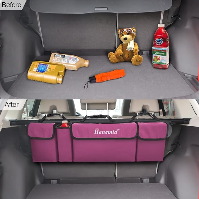 Hanemia Car Trunk Organizer, Backseat Hanging Storage with 4 Large Pockets, Collapsible Cargo Bag with Adjustable Straps