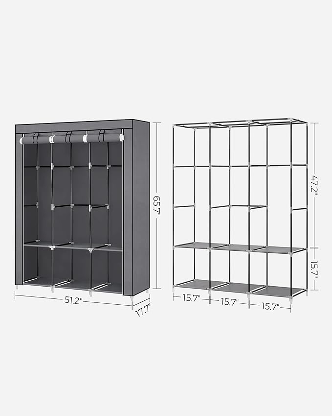SONGMICS Portable Closet, Wardrobe Closet Organizer with Cover, 3 Hanging Rods and Shelves, 4 Side Pockets, 51.2 x 17.7 x 65.