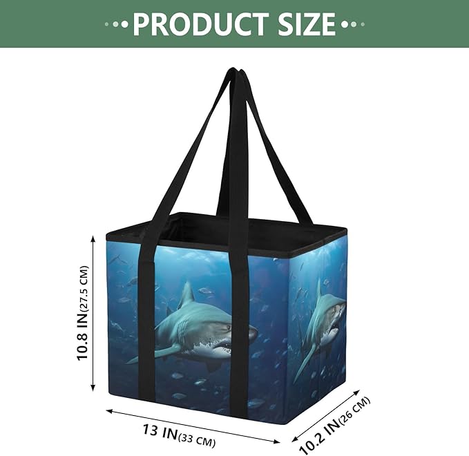 Atlantic Giant Shark Reusable Grocery Bags Large Shopping Tote Bag with Reinforced Bottom Board, Water Resistant Foldable Sto