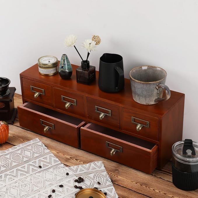 Apothecary Drawers Wooden Storage Box with 6 Drawers Vintage Countertop Wooden Drawers Apothecary Cabinet Library Card Catalo