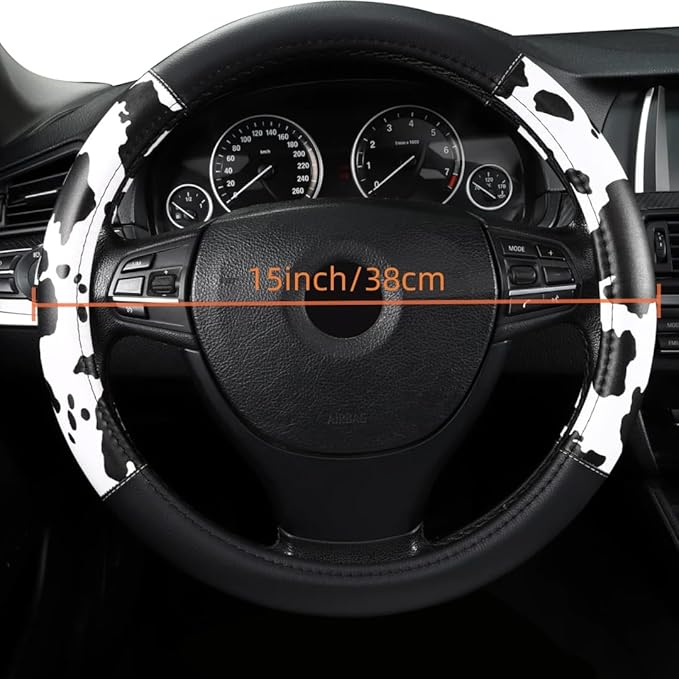 Cow Print Steering Wheel Cover, Universal 15 Inch Cute Steering Wheel Cover for Women, Breathable Anti-Slip Car Steering Whee