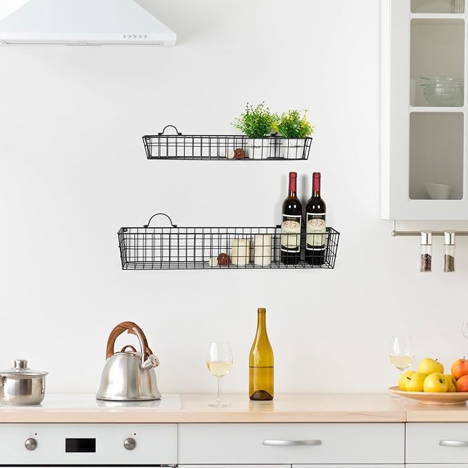 MyGift 2pcs 30-Inch Wire Baskets for Storage and Organization, Rustic Black Wall Mounted Metal Display Racks