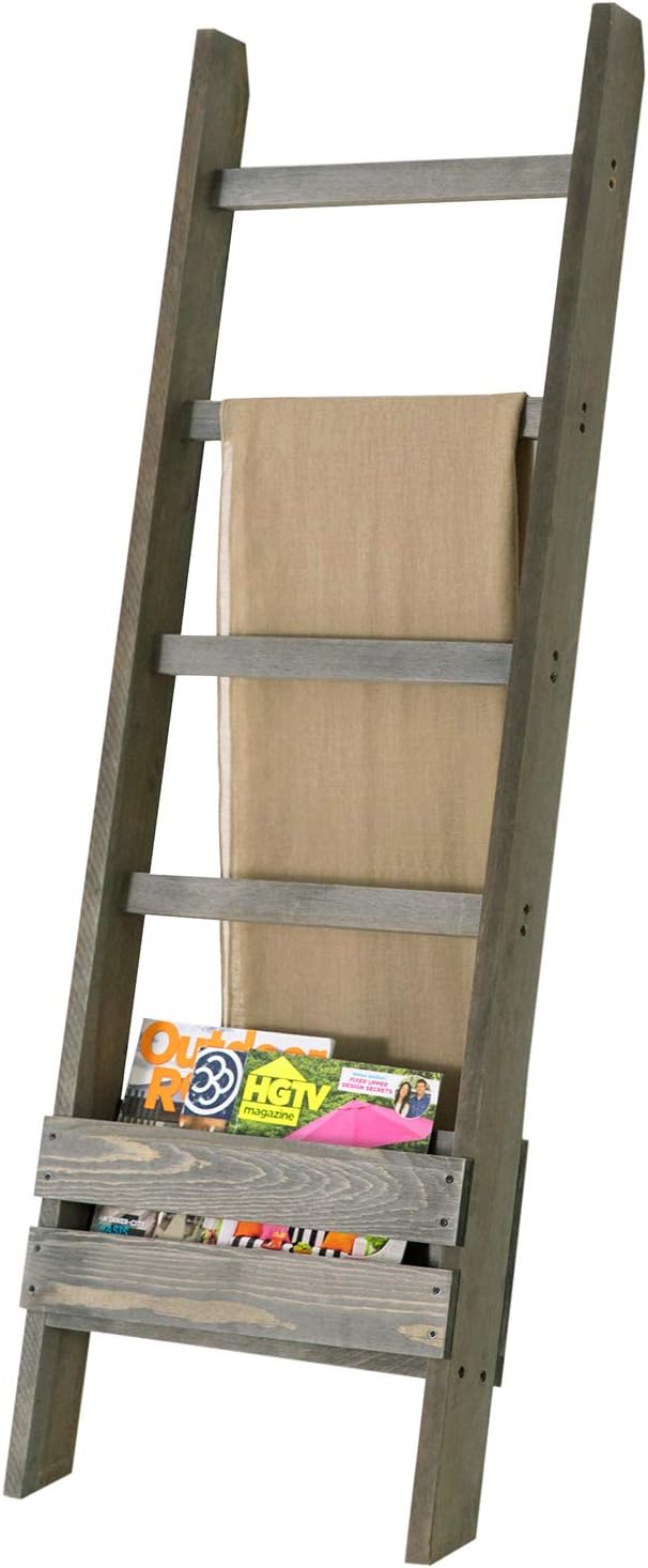MyGift Blanket Ladder with Storage Shelf, Wooden Blanket Holder Rack, Decorative Ladder Shelf, Drying and Display Rack for Ba