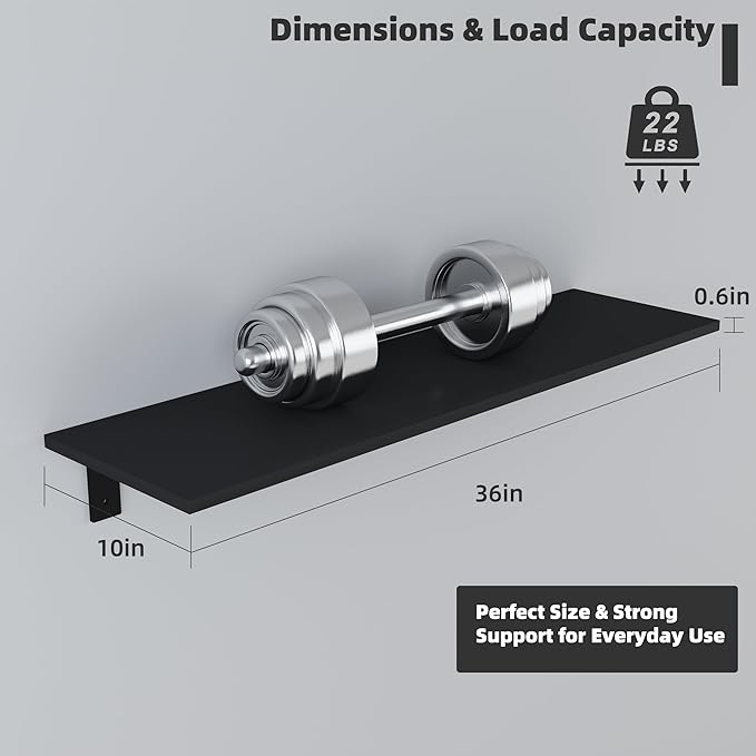 Floating Shelf Board for Wall 5/8" – No Brackets – 36" L x 10" W x 0.6" T Black Melamine Wood Floating Shelves for Bathroom, 