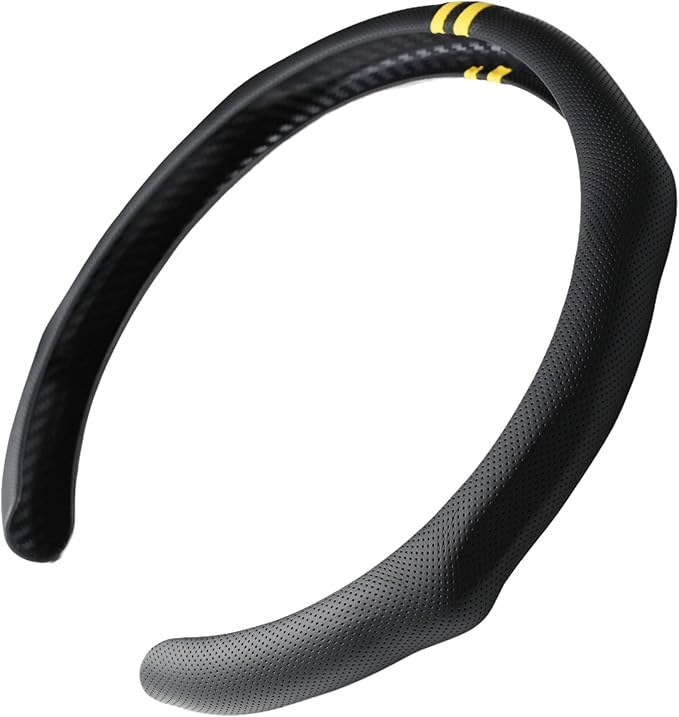 Quick Install Sporty Perforated Nappa Leather Steering Wheel Cover with Yellow Stripes Universal fit 14½" to 15" Car SUV Pick