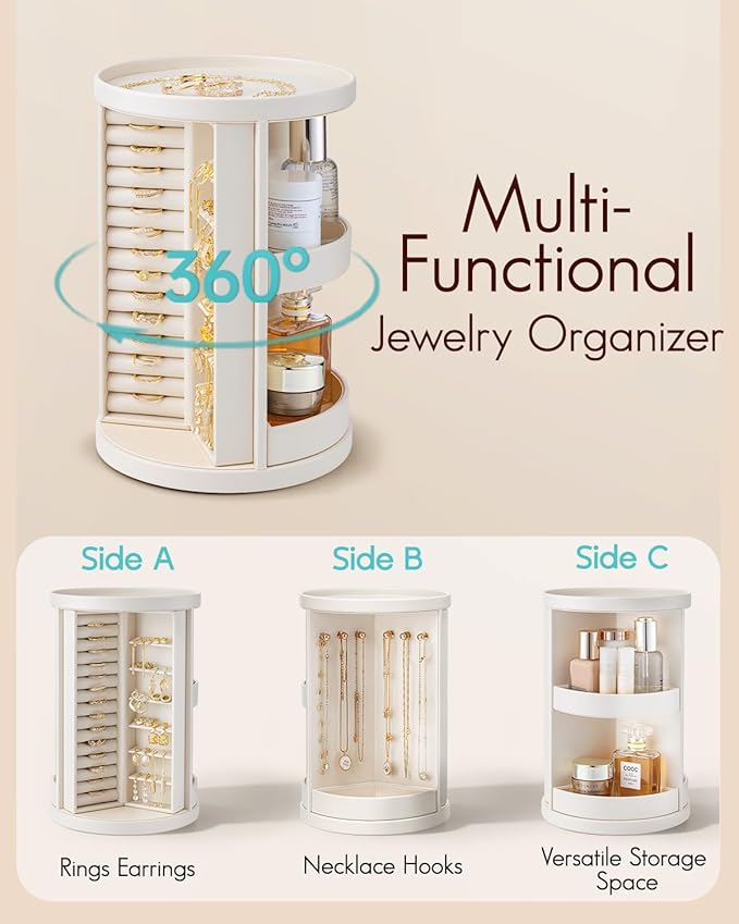 Vlando 360°Rotating Jewelry Box,Earring Organizer Large Vertical Jewelry Organizer with 6 Necklace Hooks, Open Ring Display S