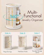 Vlando 360°Rotating Jewelry Box,Earring Organizer Large Vertical Jewelry Organizer with 6 Necklace Hooks, Open Ring Display S
